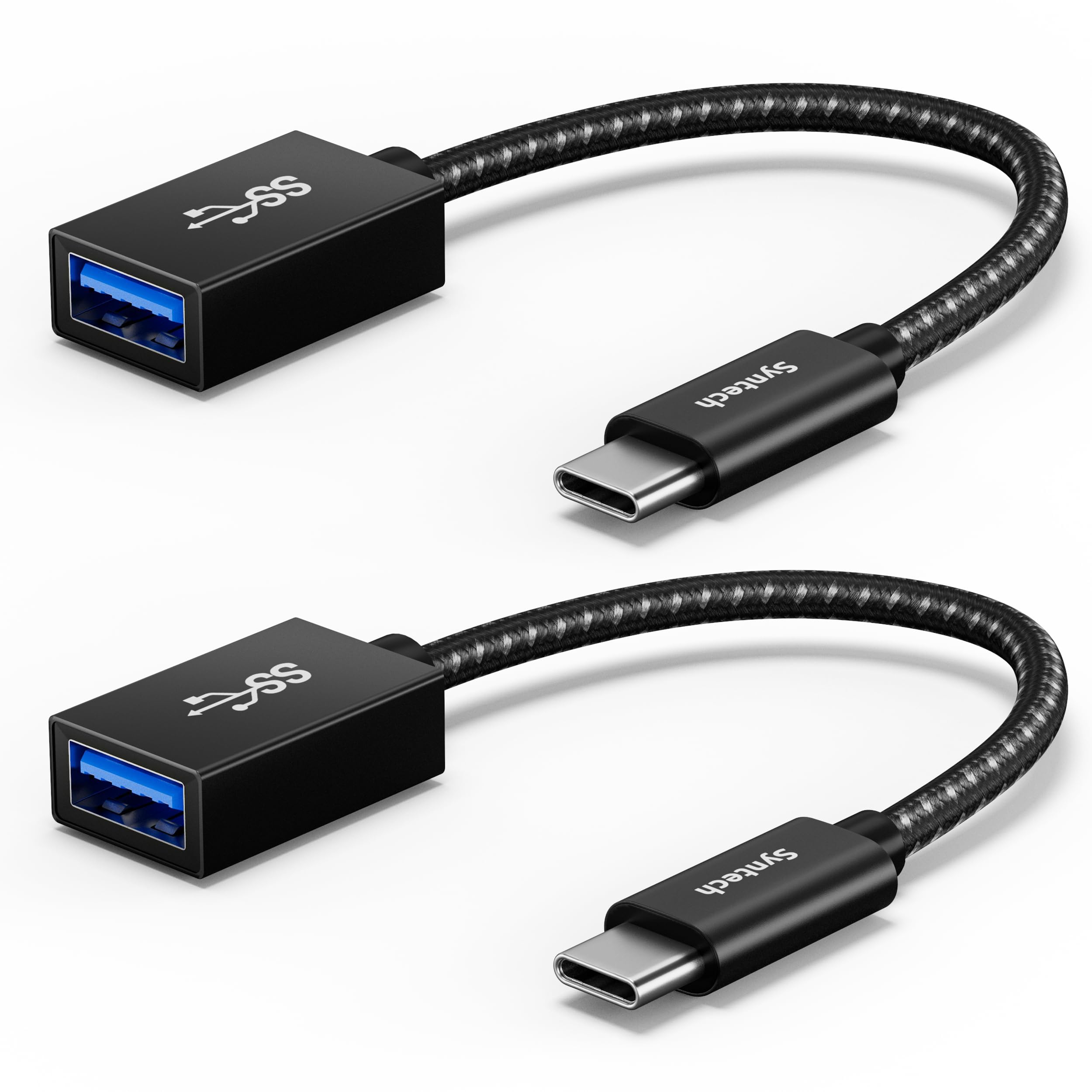 Syntech USB C to USB adapter 2-pack showing side-by-side fit on a laptop