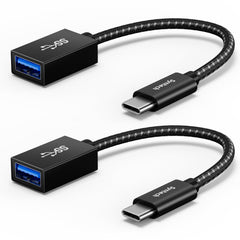 Syntech USB C to USB adapter 2-pack showing side-by-side fit on a laptop