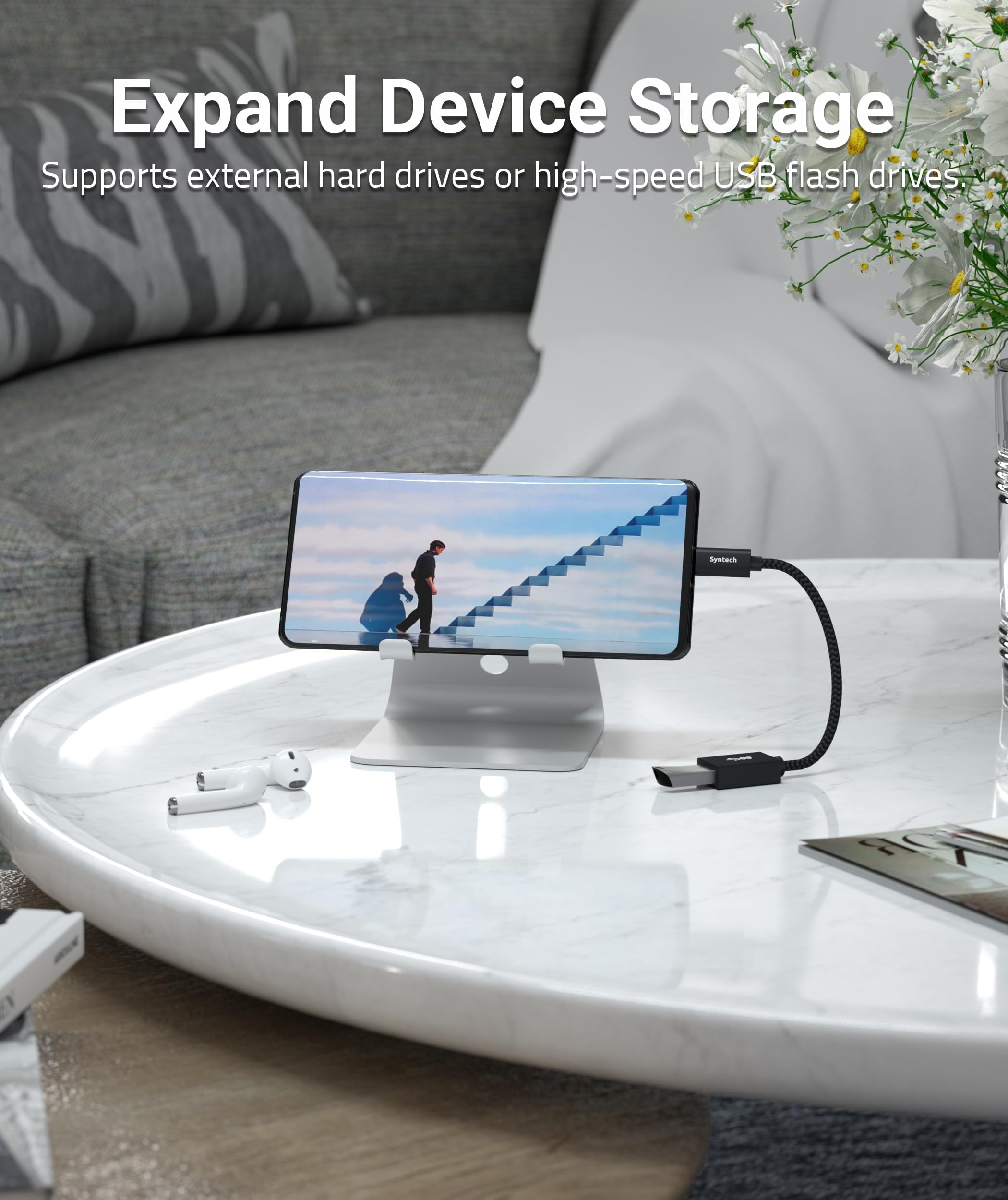 Syntech adapter connecting USB drives, mice, and keyboards to a USB-C laptop