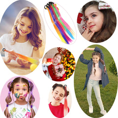 Synthetic rainbow braids add vivid color to party outfits.