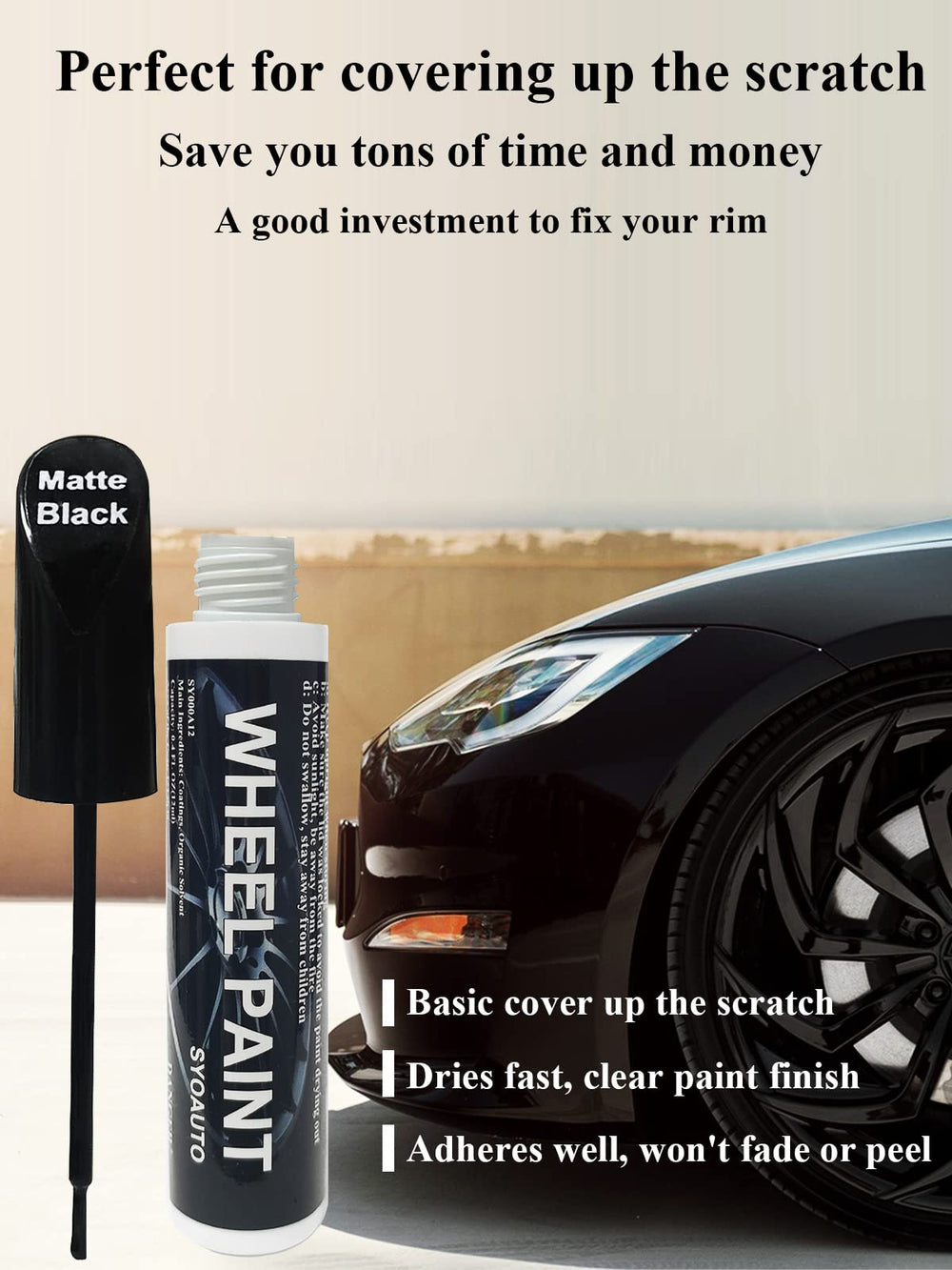 SYOAUTO matte black finish repair kit for curb rash and road chips.