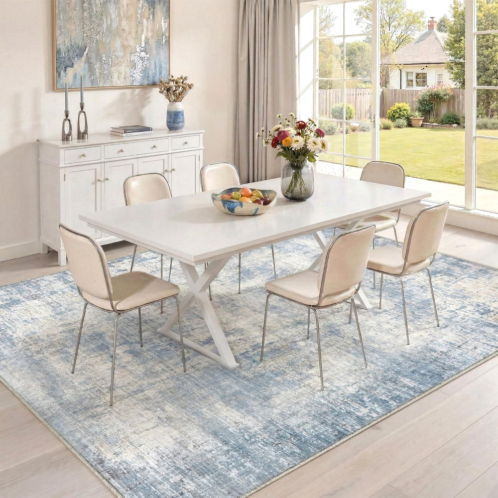Syrlfar blue abstract design adds modern style to interior spaces.