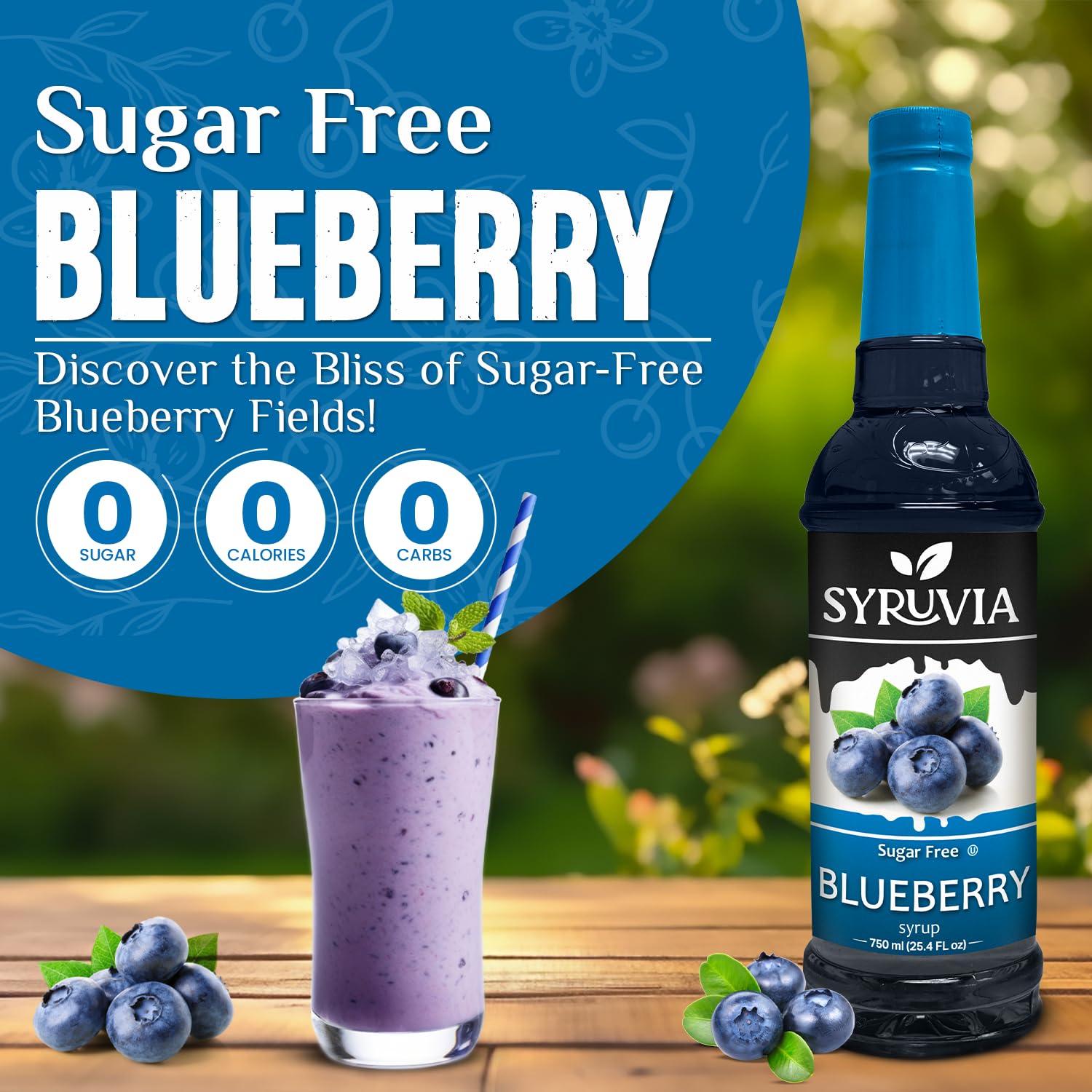 SYRUVIA blueberry syrup label close-up shows gluten-free and kosher-certified quality.