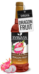 SYRUVIA Dragon Fruit Syrup bottle adds tropical flavor to cocktails.