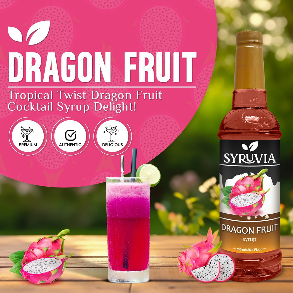 SYRUVIA Dragon Fruit Syrup beside a glass of iced tea for refreshment.