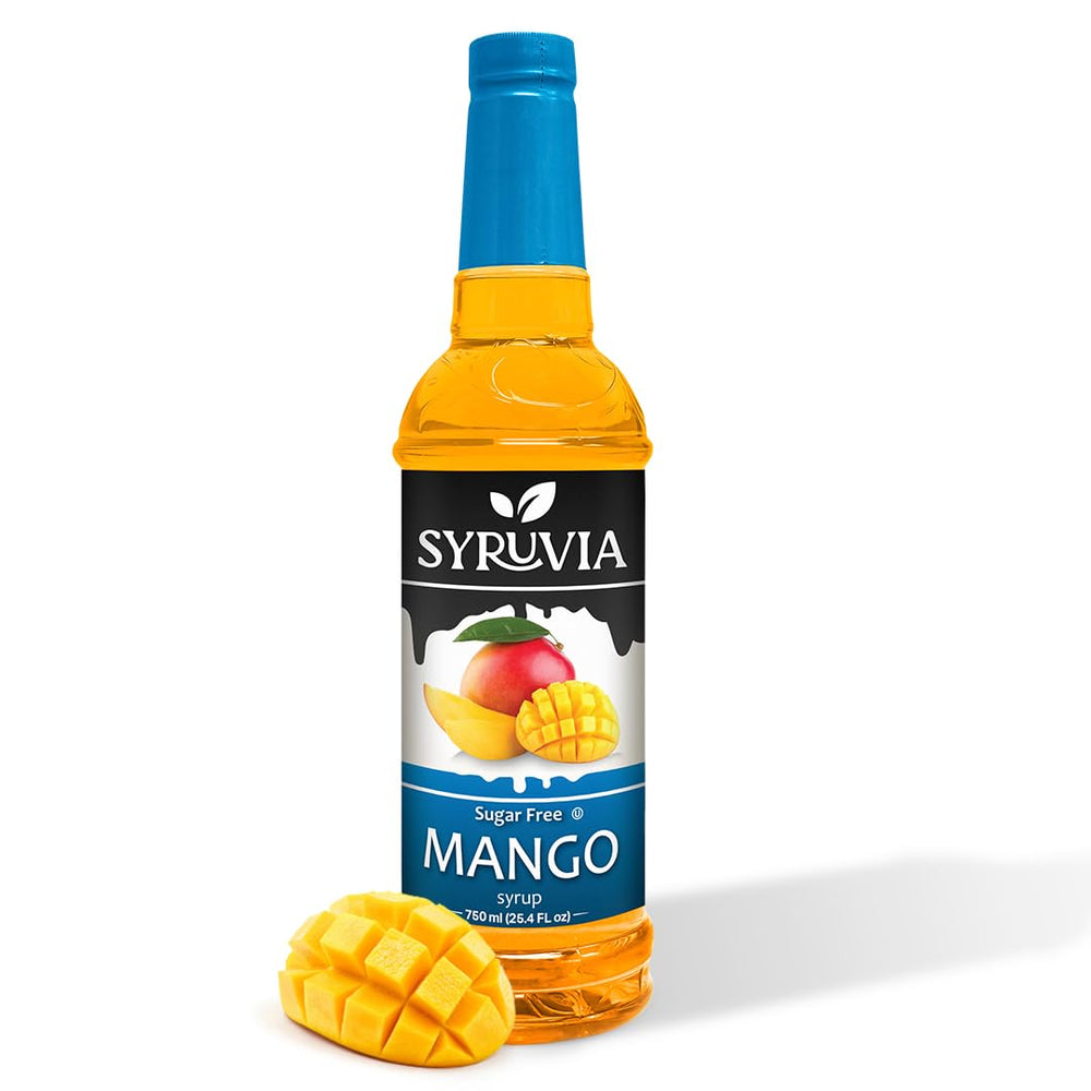 SYRUVIA mango syrup bottle close-up highlighting sugar-free mango flavor for drinks.