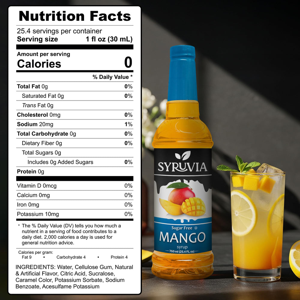 SYRUVIA mango syrup bottle pouring into a glass for bold flavor.