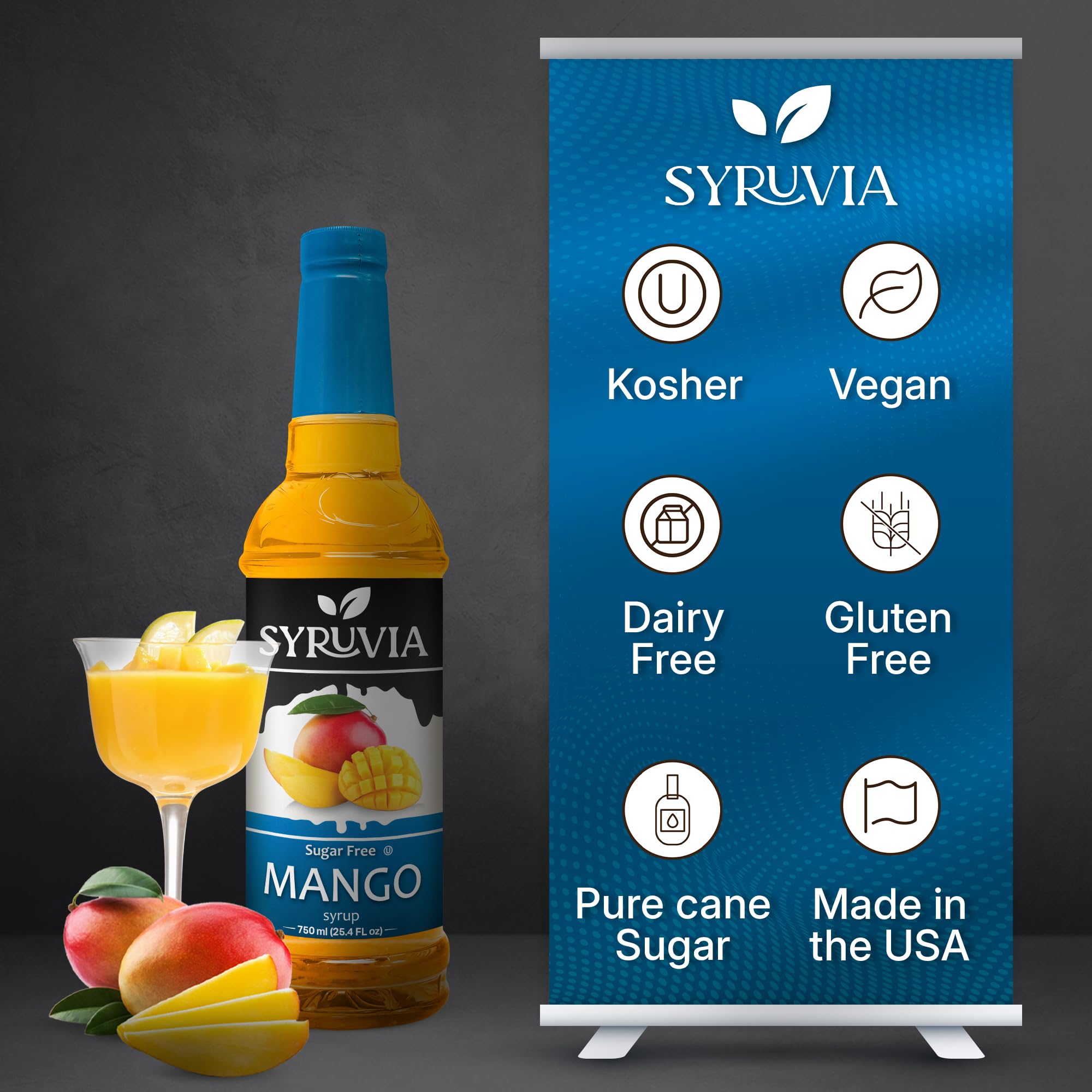 SYRUVIA mango syrup label close-up highlighting kosher and gluten-free notes.