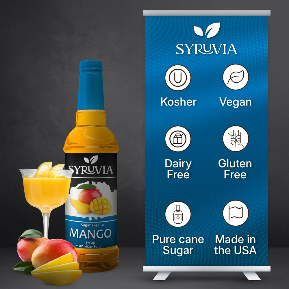 SYRUVIA mango syrup label close-up highlighting kosher and gluten-free notes.