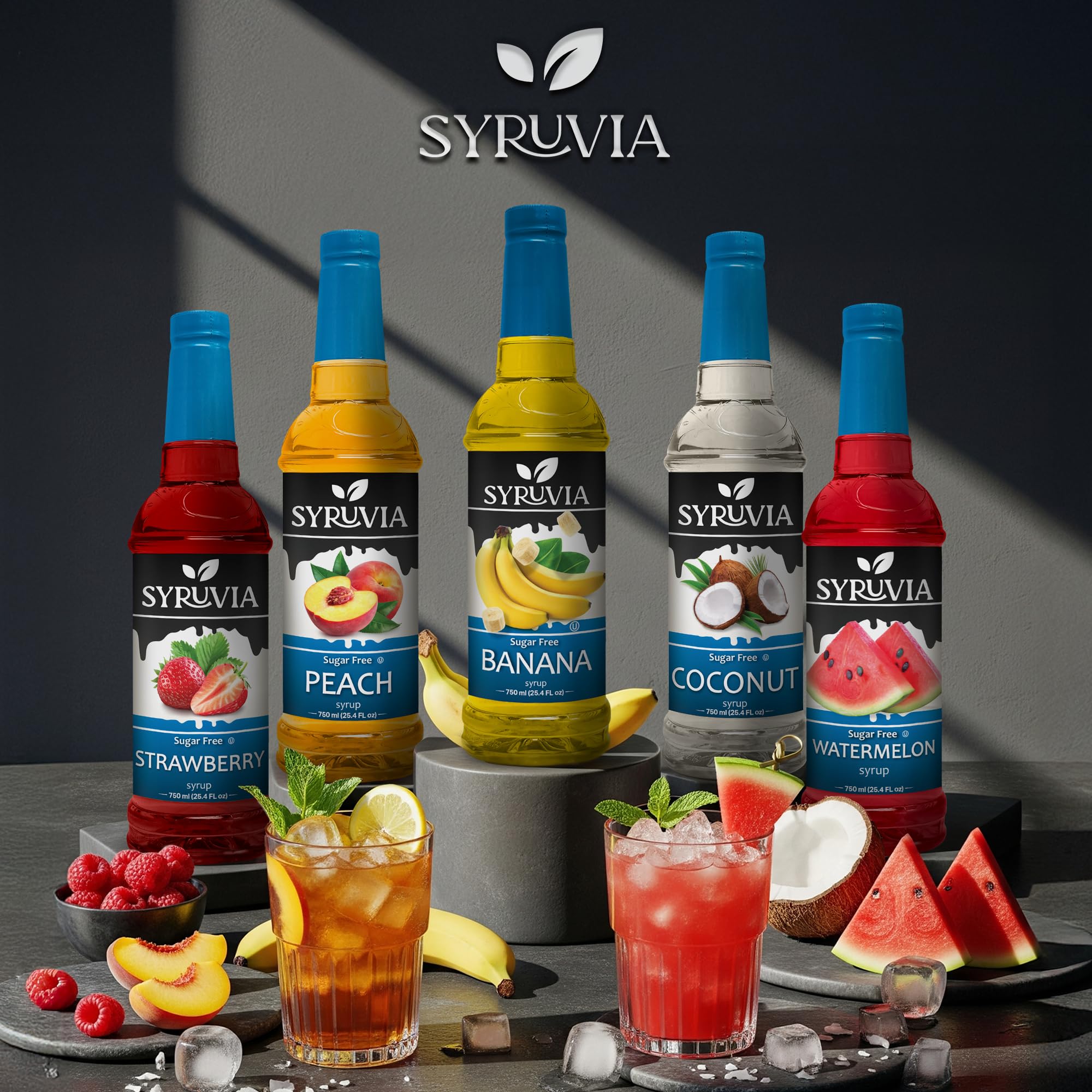 SYRUVIA sugar-free mango syrup nutrition label visible, zero calories.
