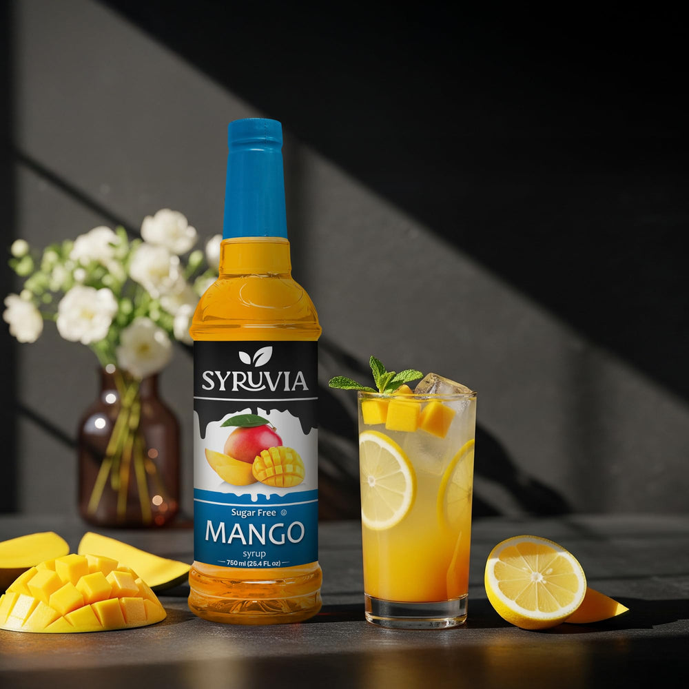 SYRUVIA mango syrup packaging on shelf signaling premium quality.