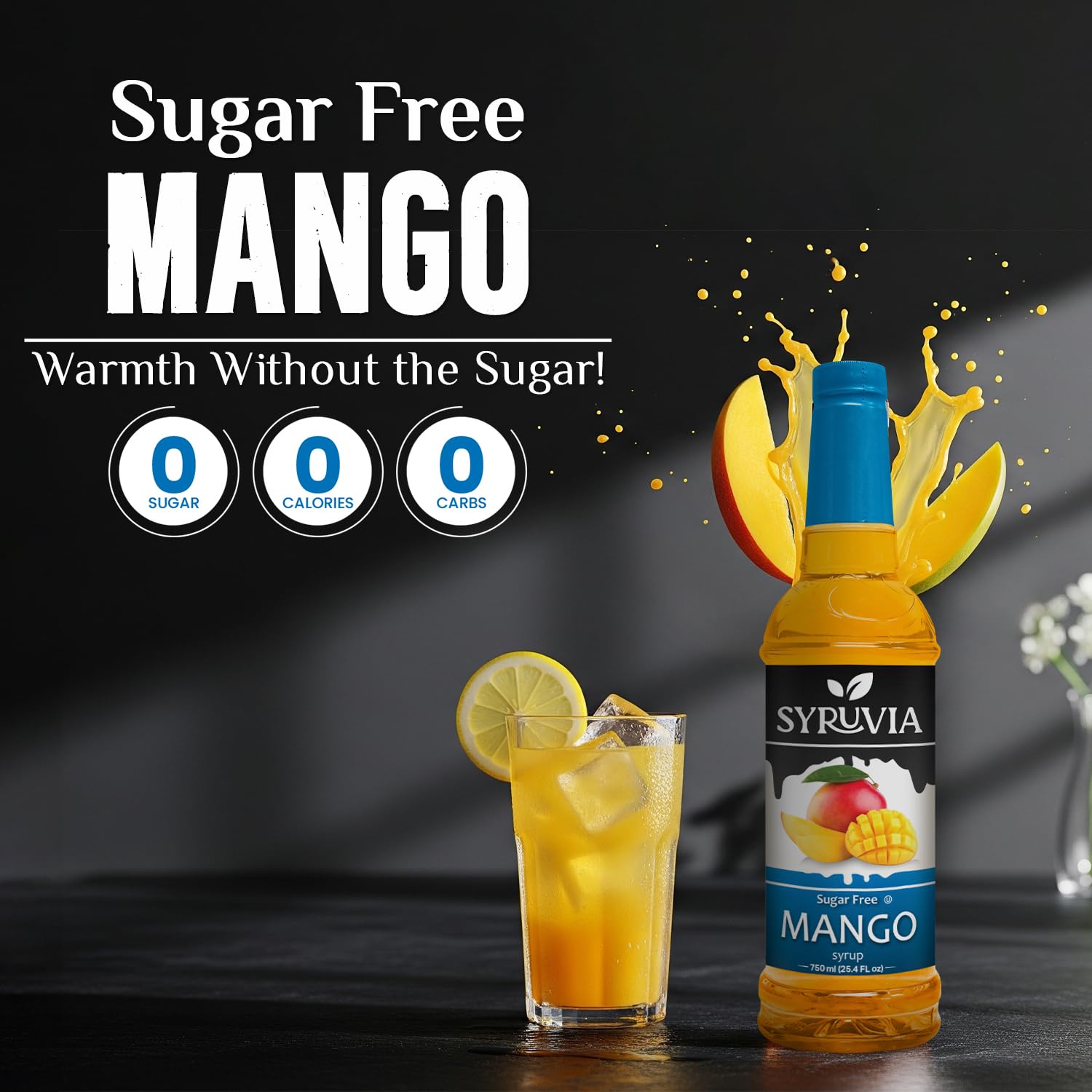 SYRUVIA mango syrup pump-dispense for quick, sugar-free flavor boosts.