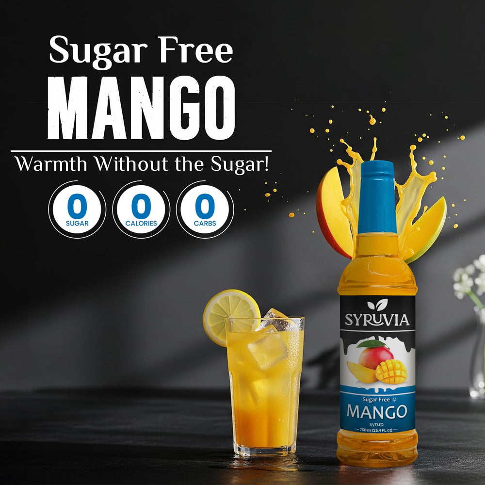 SYRUVIA mango syrup pump-dispense for quick, sugar-free flavor boosts.