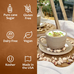 SYRUVIA Pistachio Syrup bottle on a stylish kitchen counter