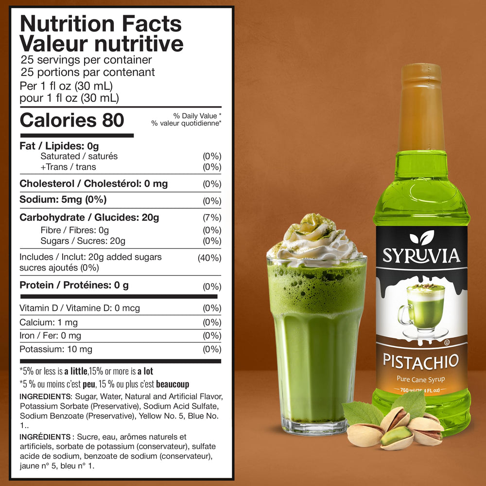 SYRUVIA Pistachio Syrup poured into a latte for a pistachio lift