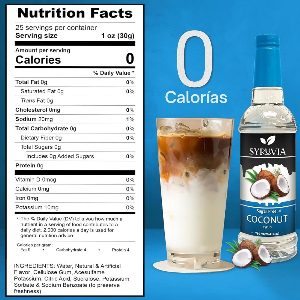 Syruvia Sugar-Free Coconut Syrup pour cap enabling easy drizzle on drinks