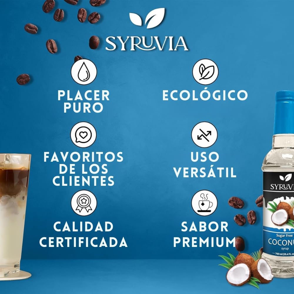 Syruvia Coconut Syrup shake bottle beside blender for smoothies