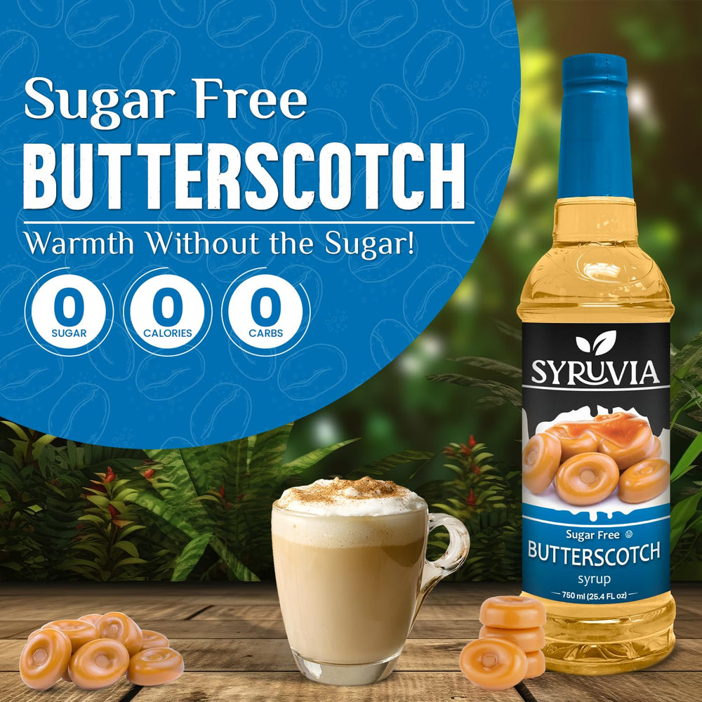 SYRUVIA Sugar-Free Coffee Syrup enhances lattes with rich butterscotch aroma
