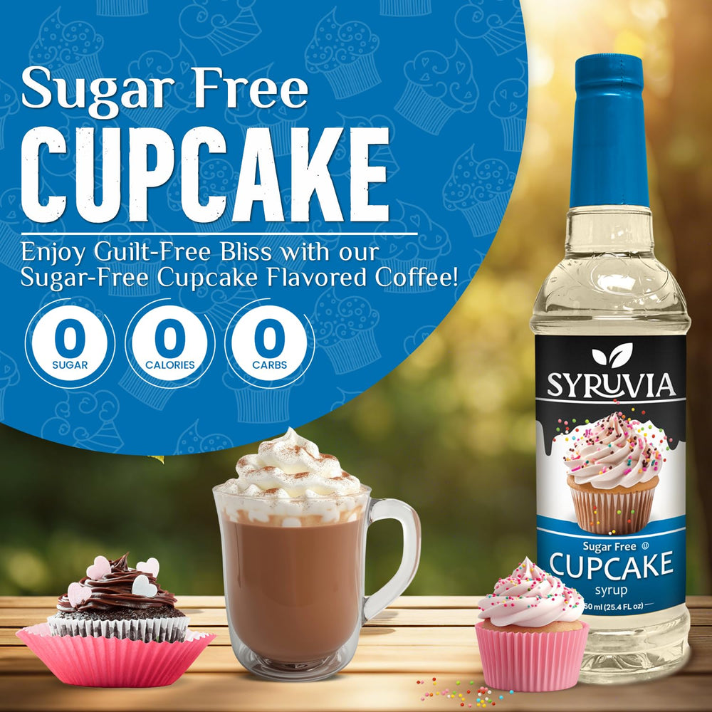 Close-up of Syruvia Sugar Free Cupcake Syrup label, signaling Kosher USA quality.