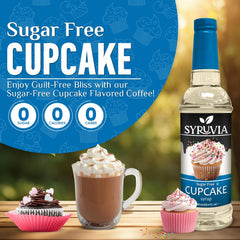Close-up of Syruvia Sugar Free Cupcake Syrup label, signaling Kosher USA quality.