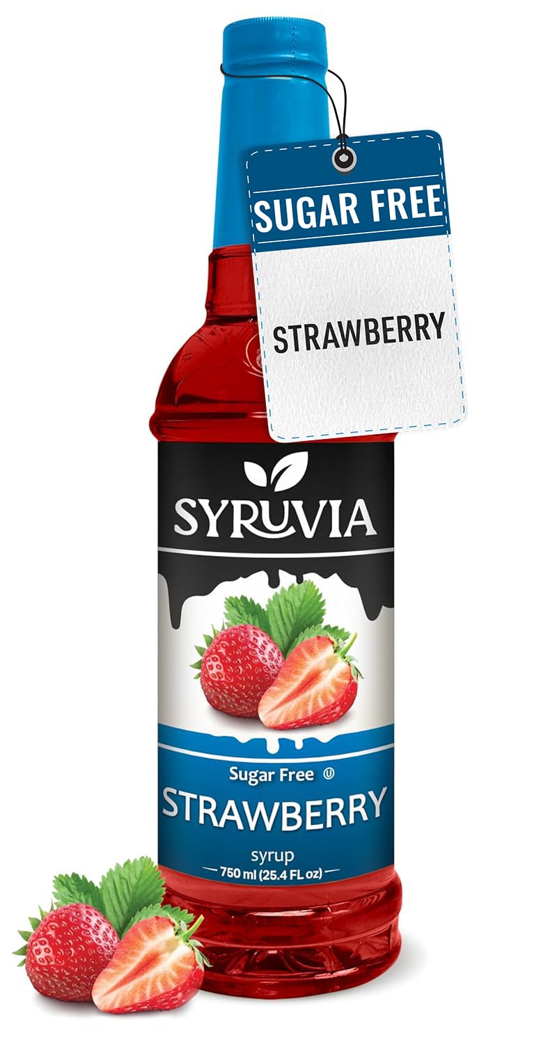 SYRUVIA sugar-free strawberry syrup bottle setup with rich berry flavor for drinks