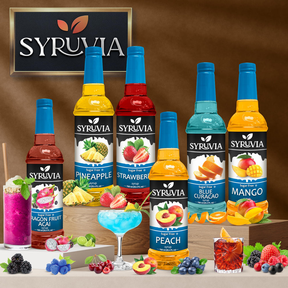 SYRUVIA sugar-free strawberry syrup close-up showing clean ingredients