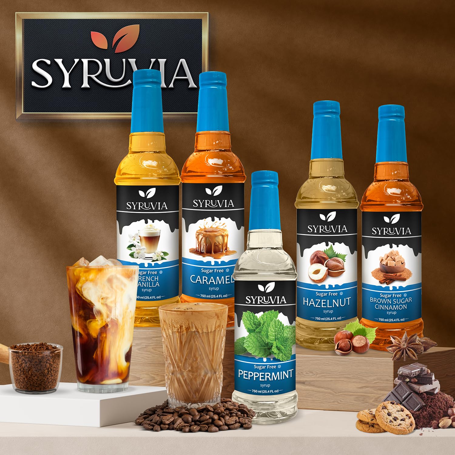 SYRUVIA sugar-free vanilla syrup close-up over desserts and beverages
