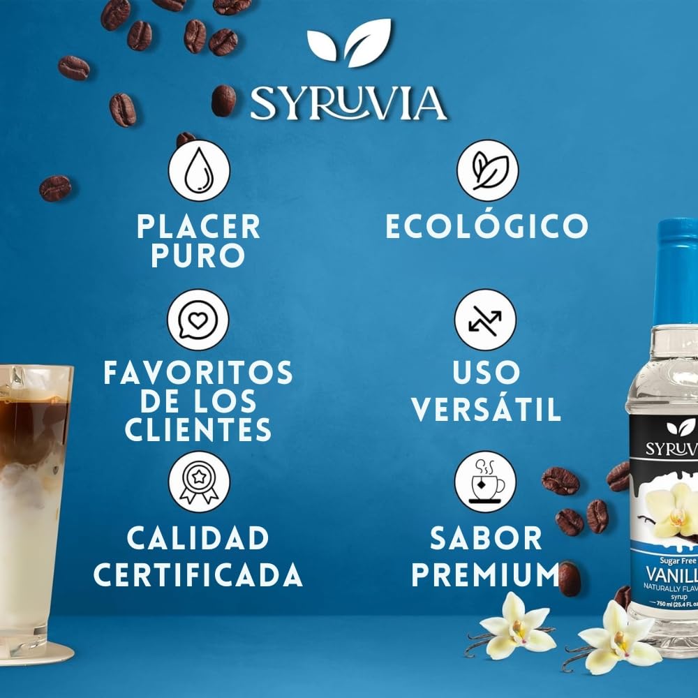 SYRUVIA syrup in kitchen scene boosts drinks and treats with zero sugar