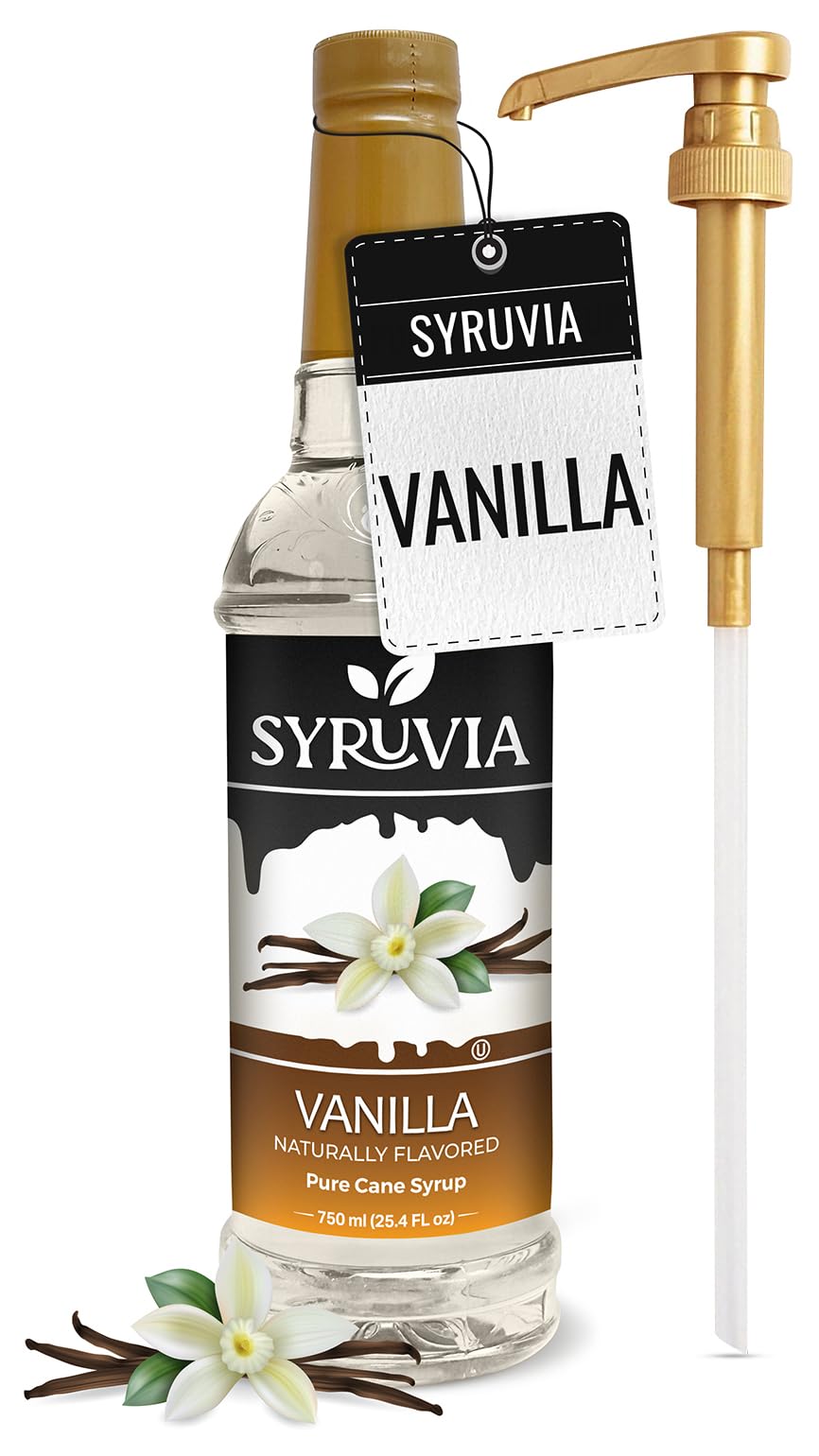 Syruvia Vanilla Syrup bottle with pump for mess-free, precise dosing.