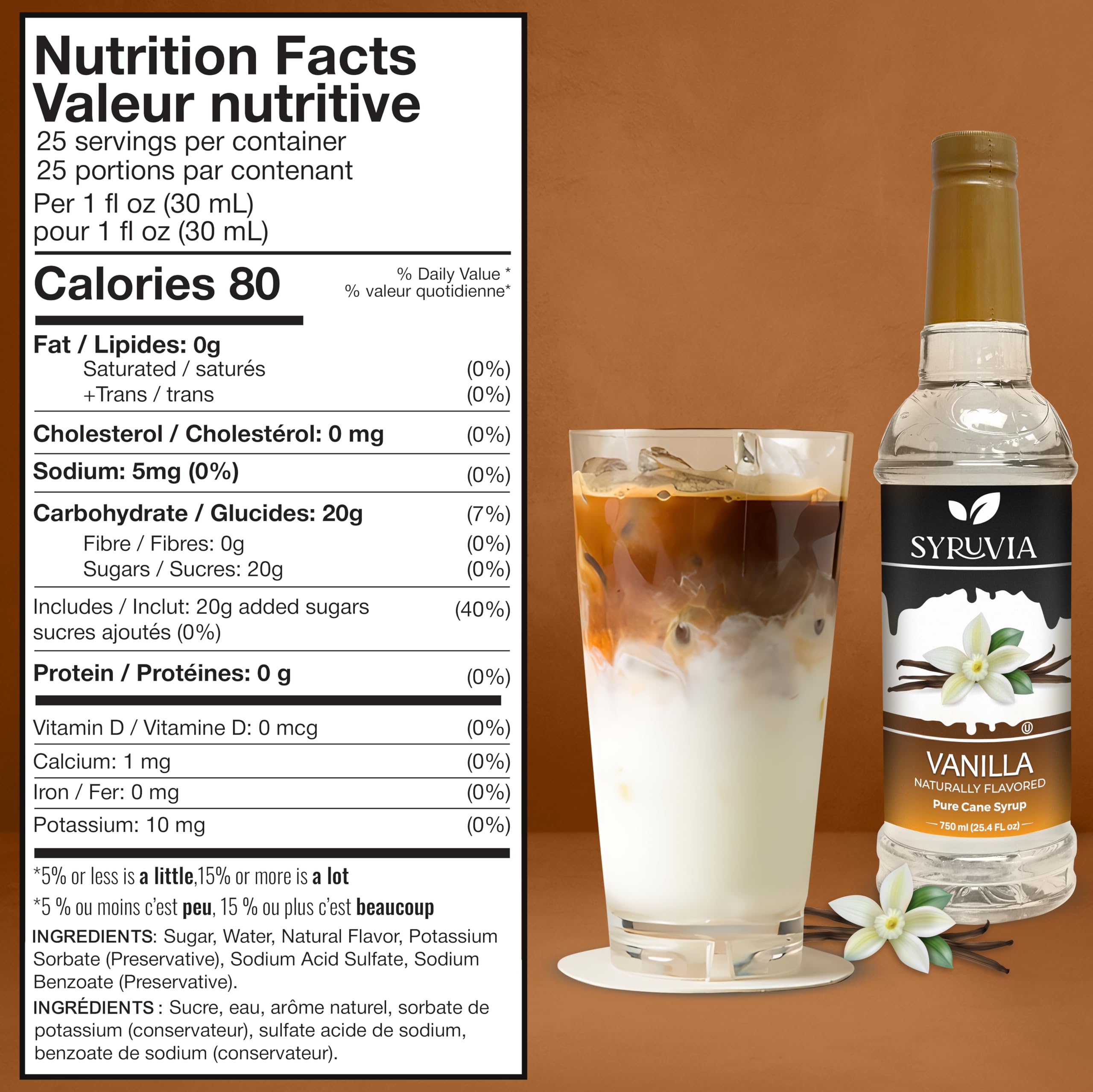 Syruvia Vanilla Syrup beside a coffee glass to elevate aroma and flavor.