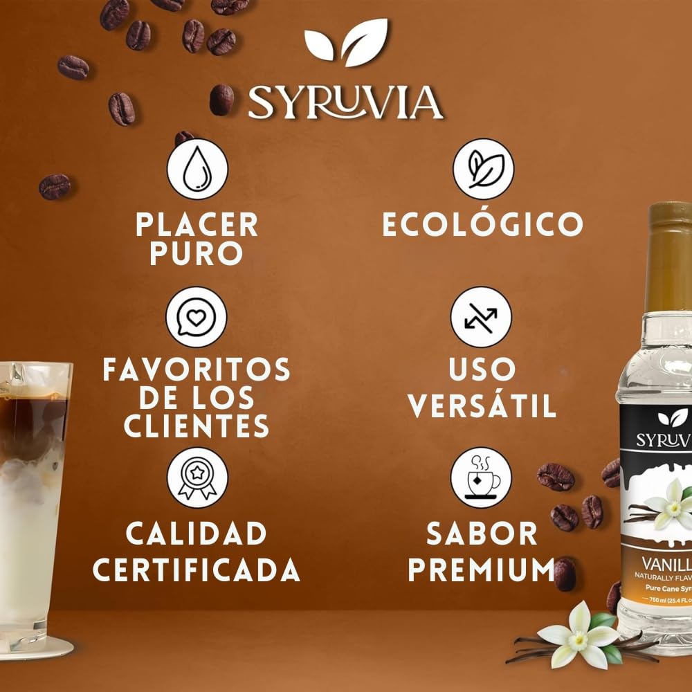 Syruvia Vanilla Syrup label highlights Kosher certification and pure ingredients.