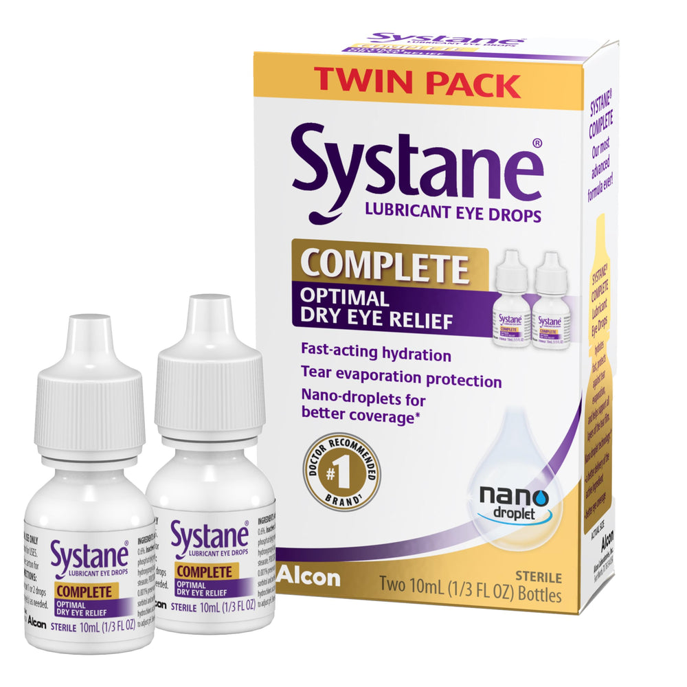 Systane Complete nano droplets in a bottle providing quick hydration.