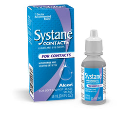 Systane Contacts Drops bottle close-up shows a lightweight solution for lens dryness.