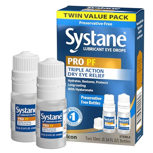 Systane PRO PF eye drops bottle being applied for comfort.