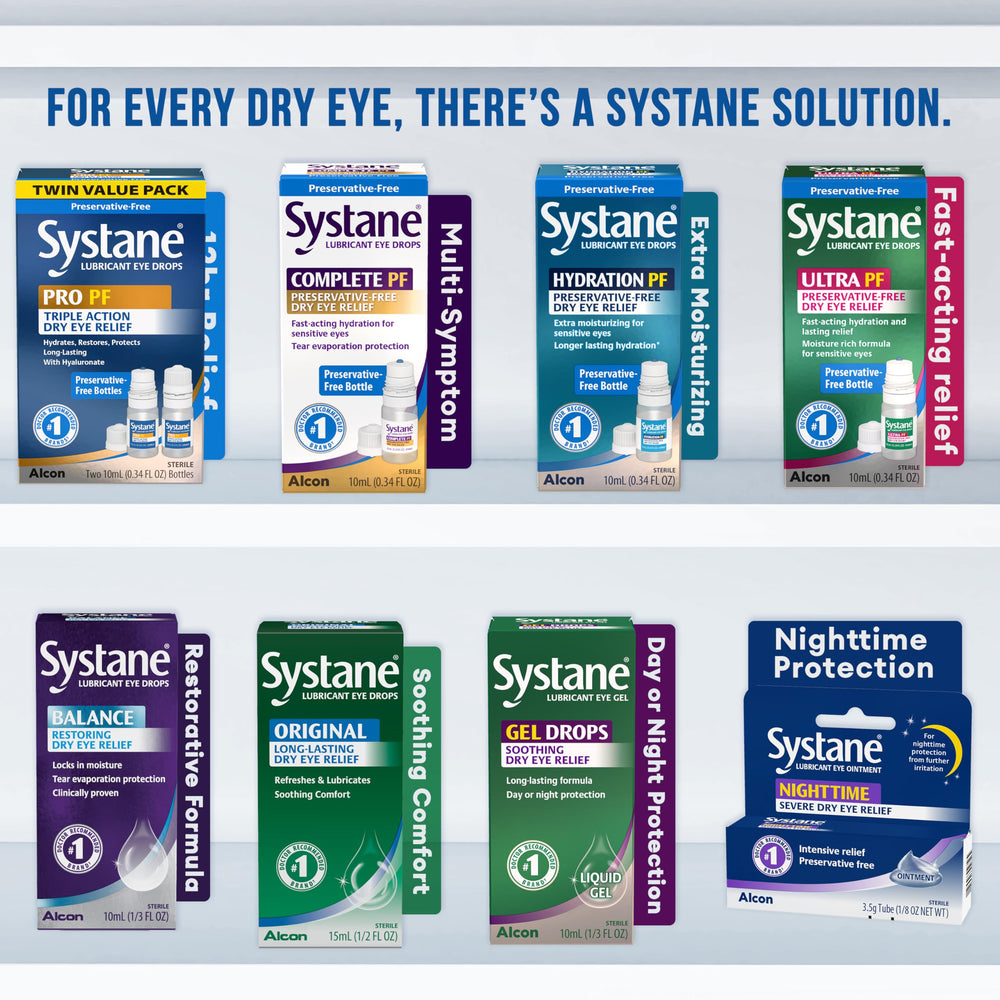 Systane PRO PF on-the-go use scene showing daily moisture support.