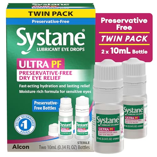 Systane Ultra twin-pack bottle close-up highlighting preservative-free formula.