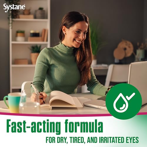 Systane Ultra bottle with drops splash illustrating fast hydration for sensitive eyes.