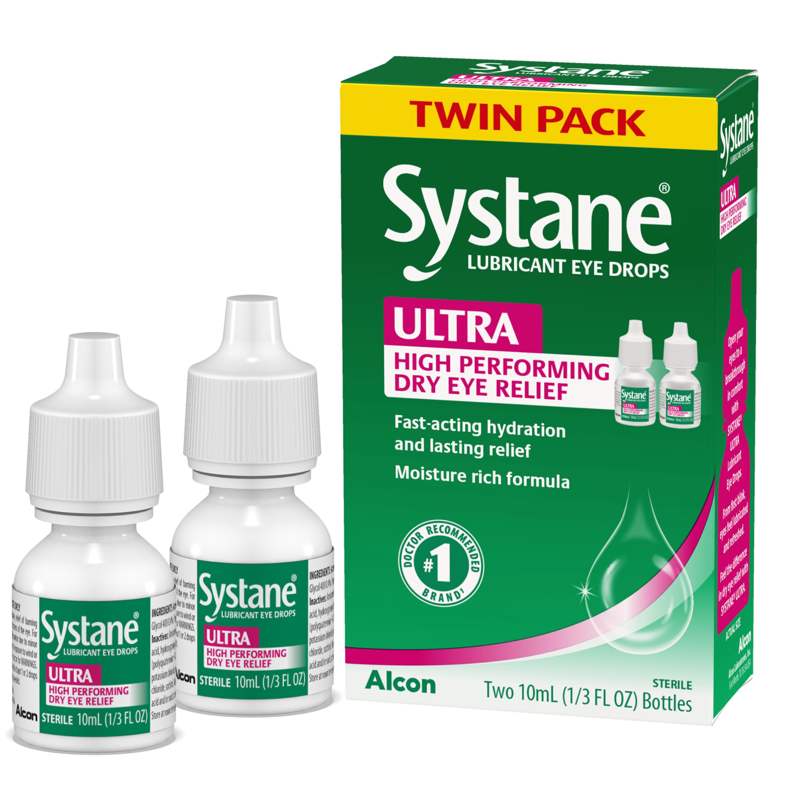 Systane Ultra twin pack 10 mL bottles for daily eye moisture.