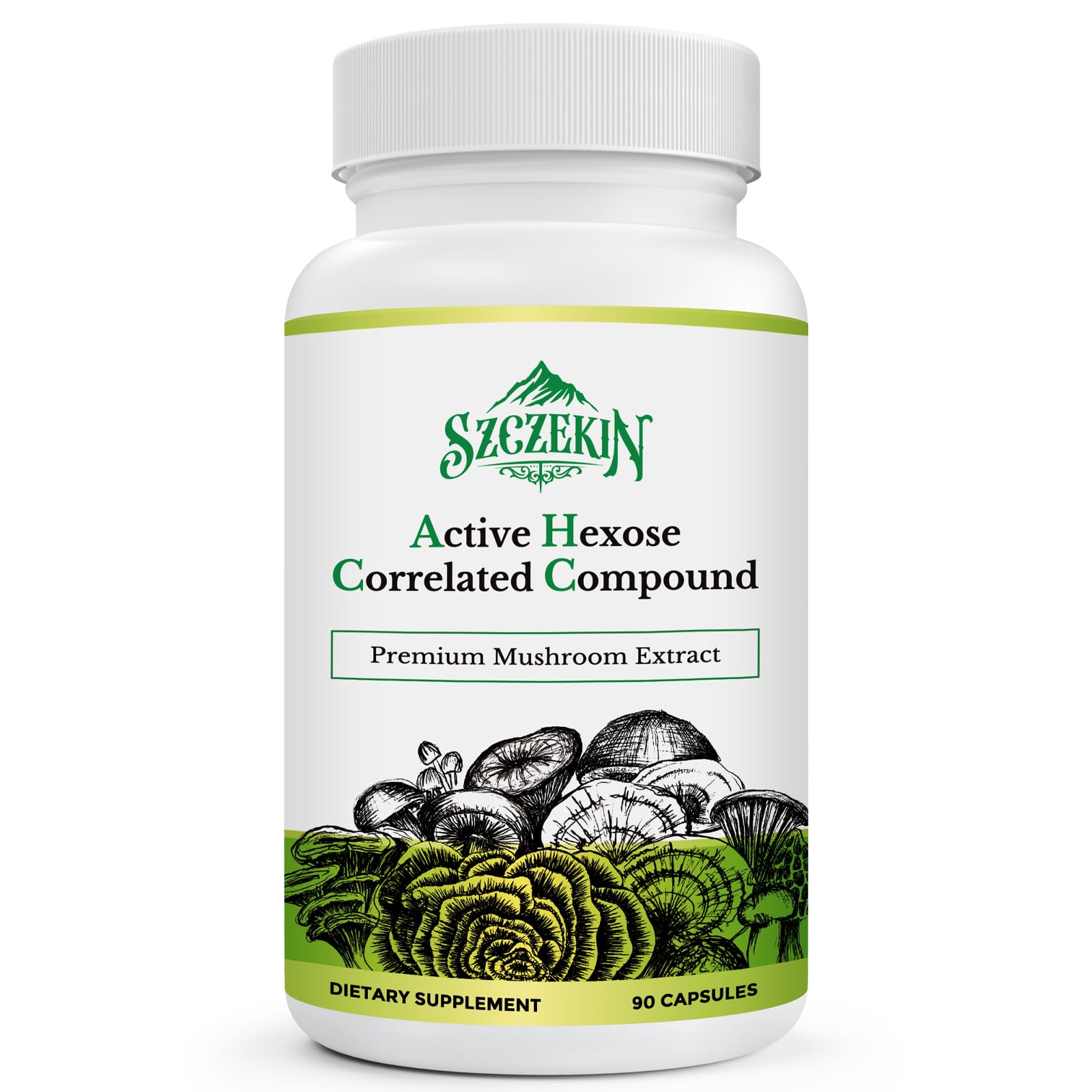 SZCZEKIN AHCC 1500mg bottle on a clean counter, suggesting daily immune support.