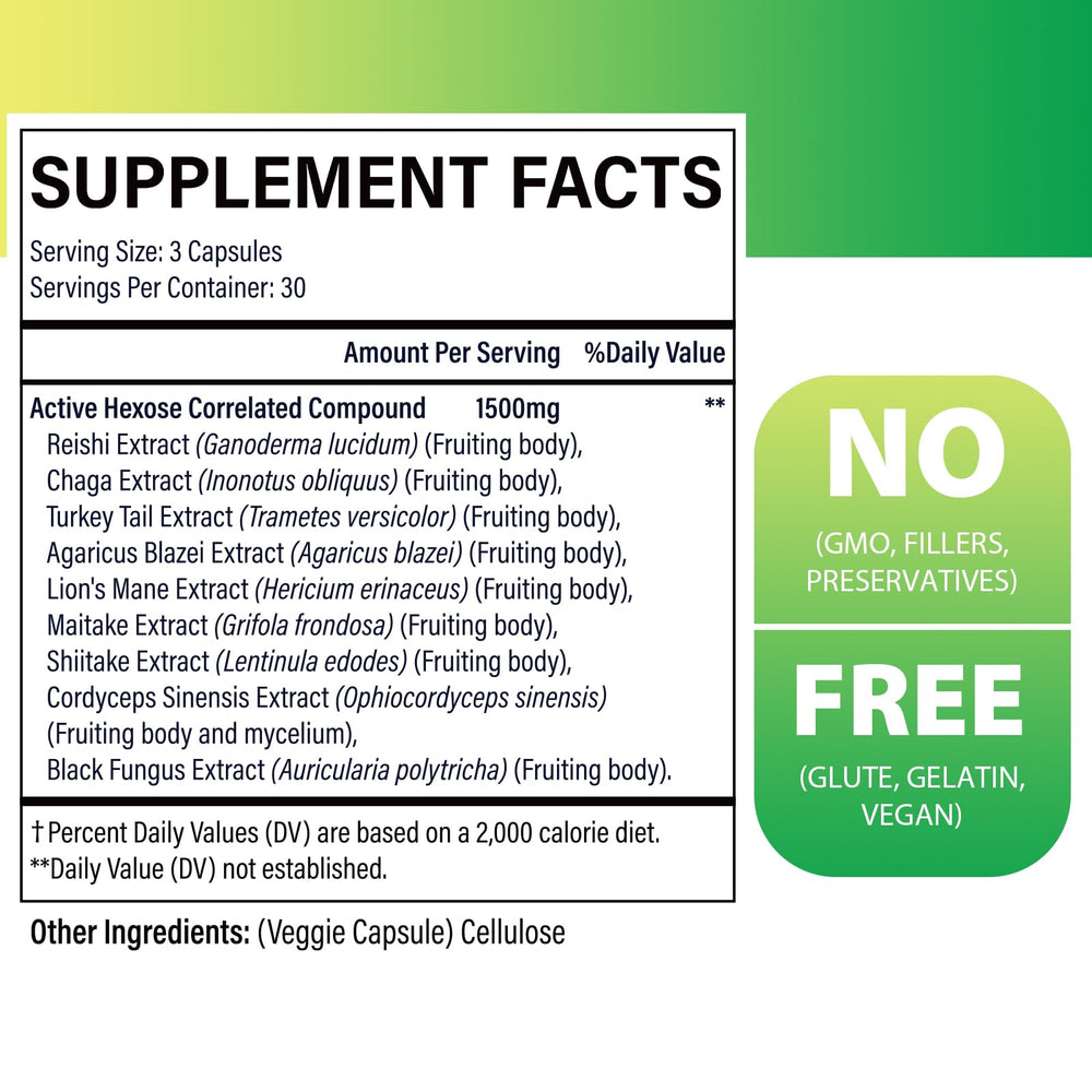 SZCZEKIN AHCC eight-mushroom extract blend visible with capsules, highlighting immune system potential.