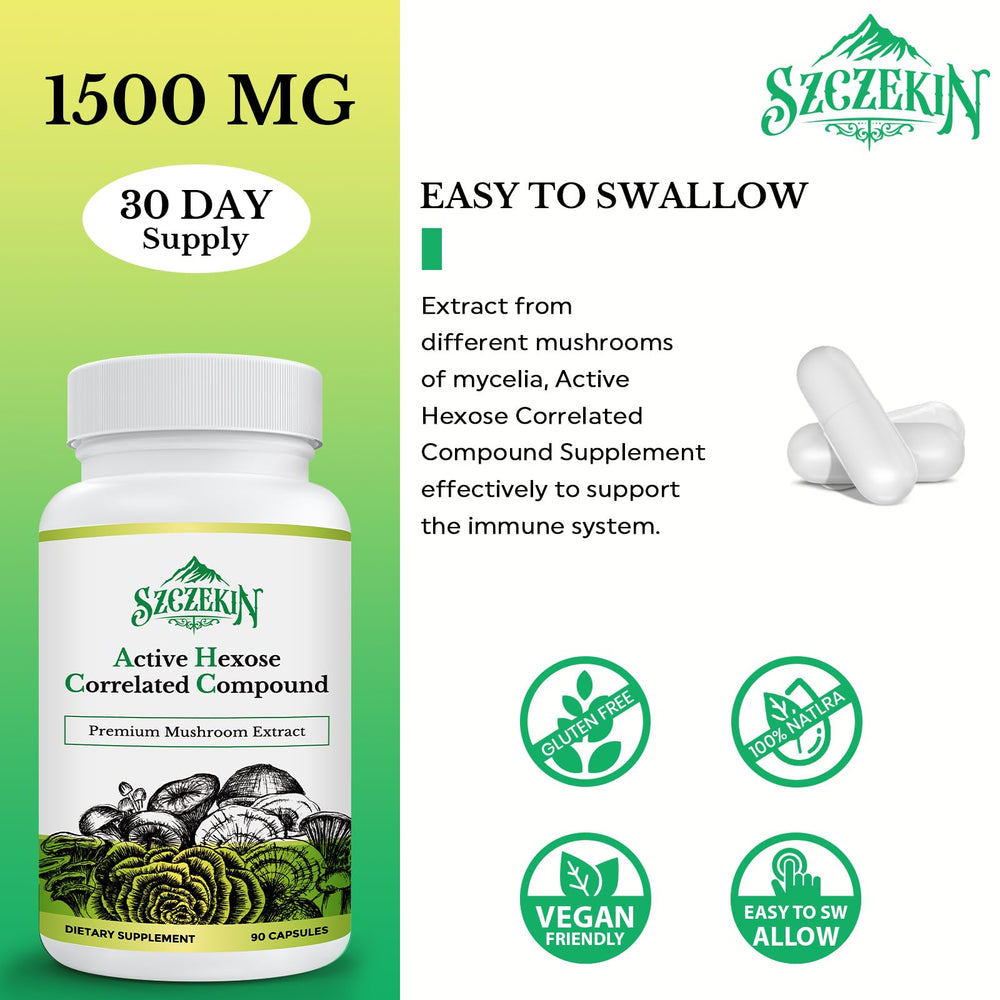 SZCZEKIN AHCC label shows vegan, gluten-free formula.