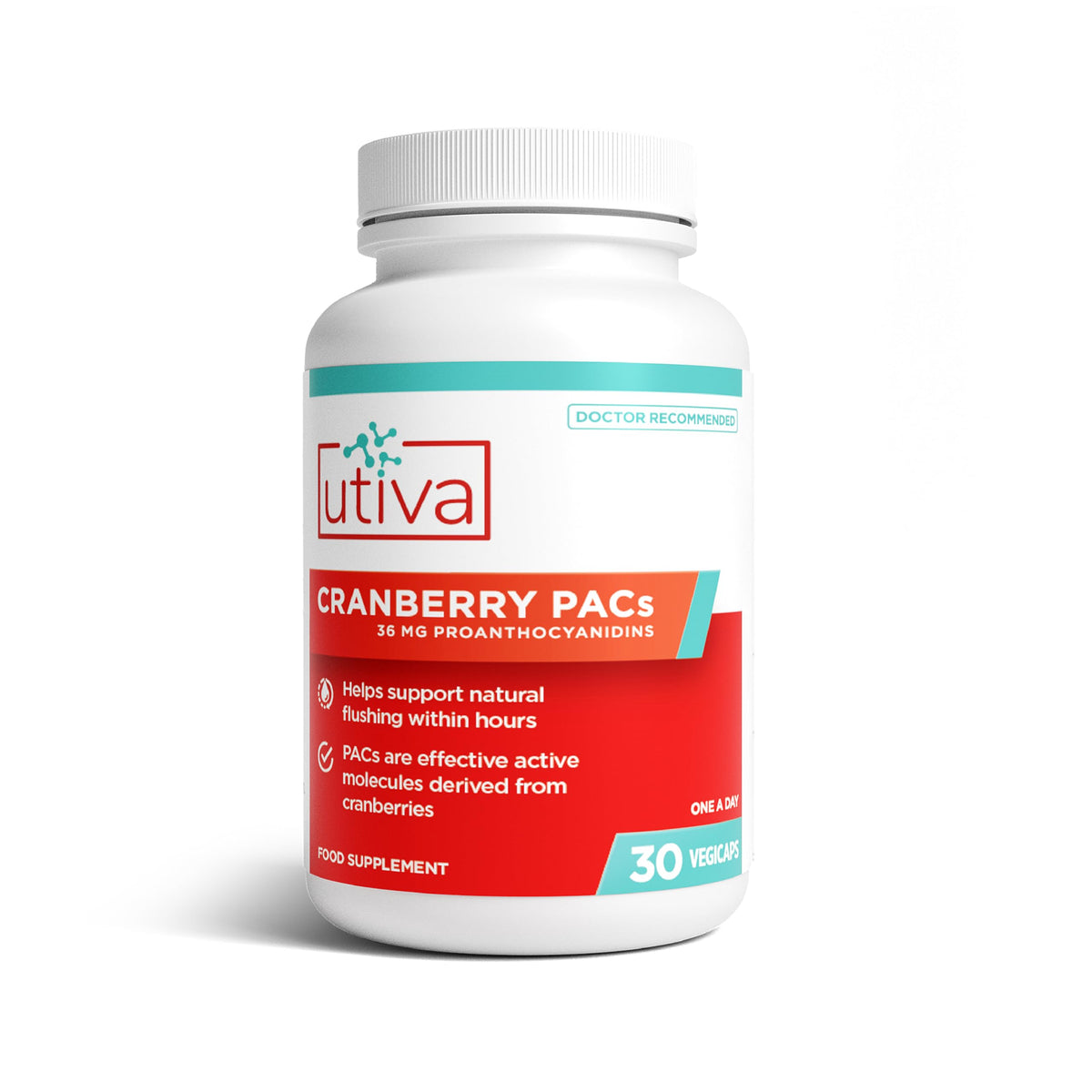 Szio+ Utiva Cranberry PACs bottle showing 30 vegan capsules for urinary health