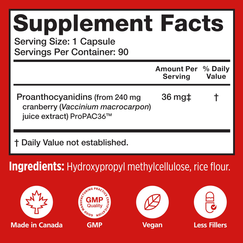 Close up Szio+ Utiva Cranberry PACs capsules highlighting compact daily dose