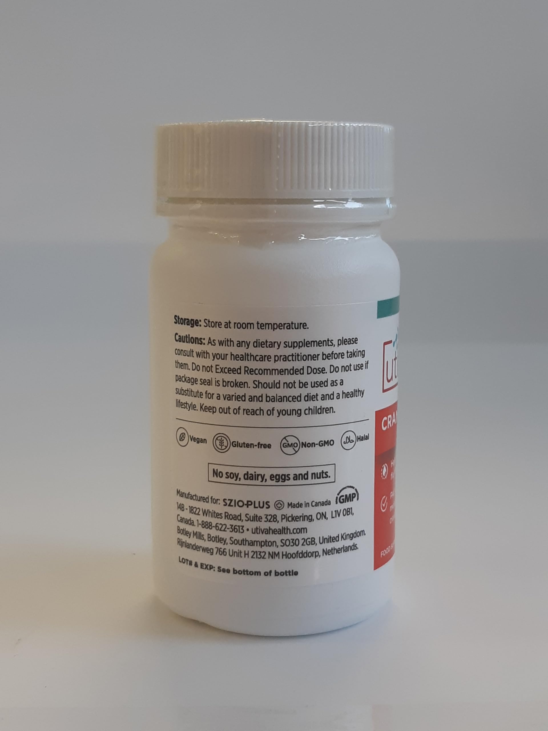 Gluten-free and non-GMO Szio+ Utiva Cranberry PACs label claim