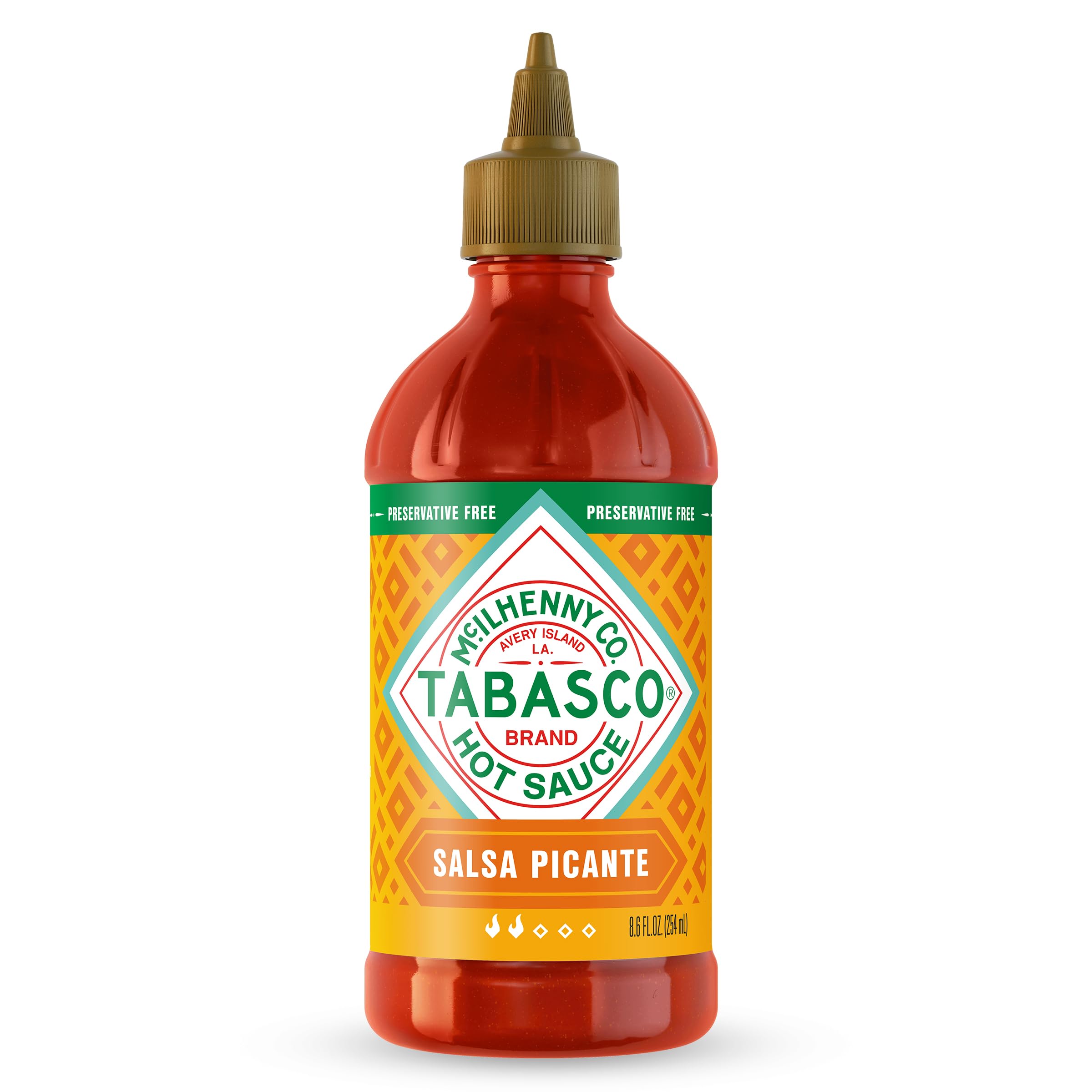 TABASCO Salsa Picante bottle close-up, thick texture for tacos