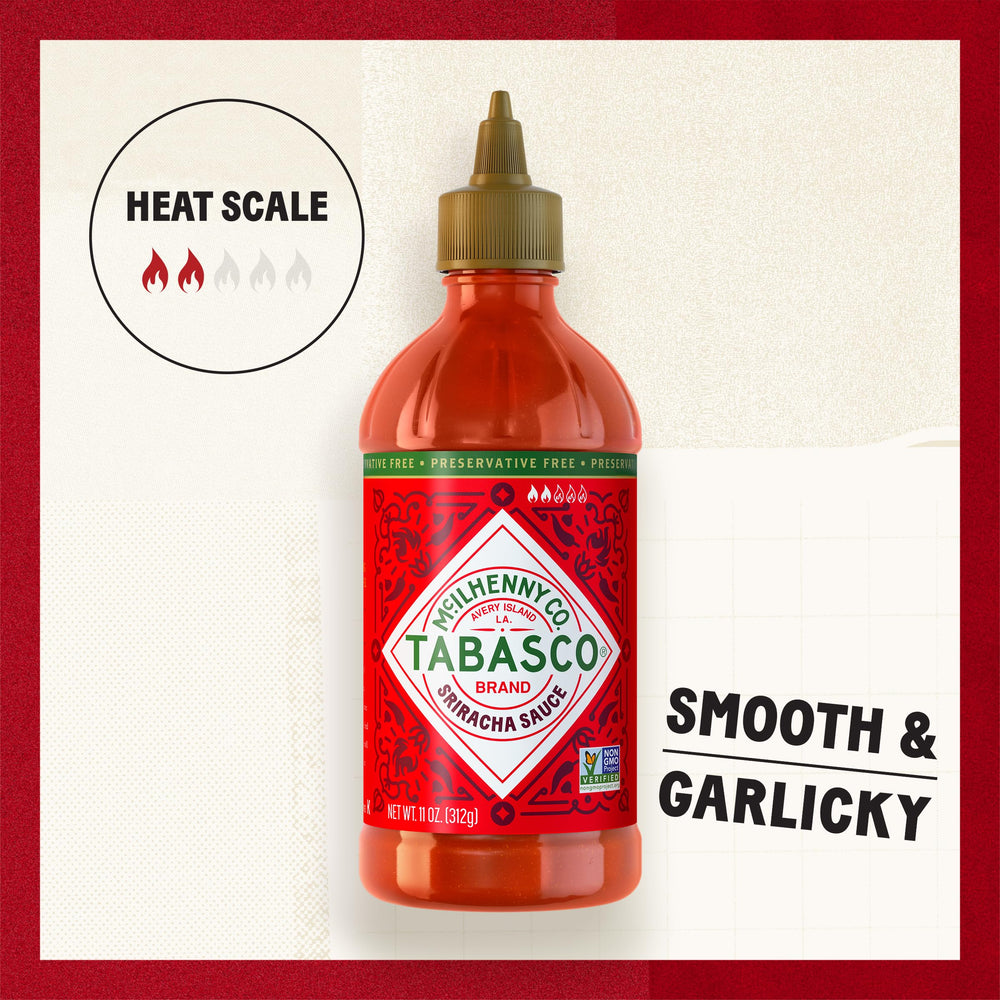 TABASCO Sriracha sauce being poured from glass bottle for flavor boost