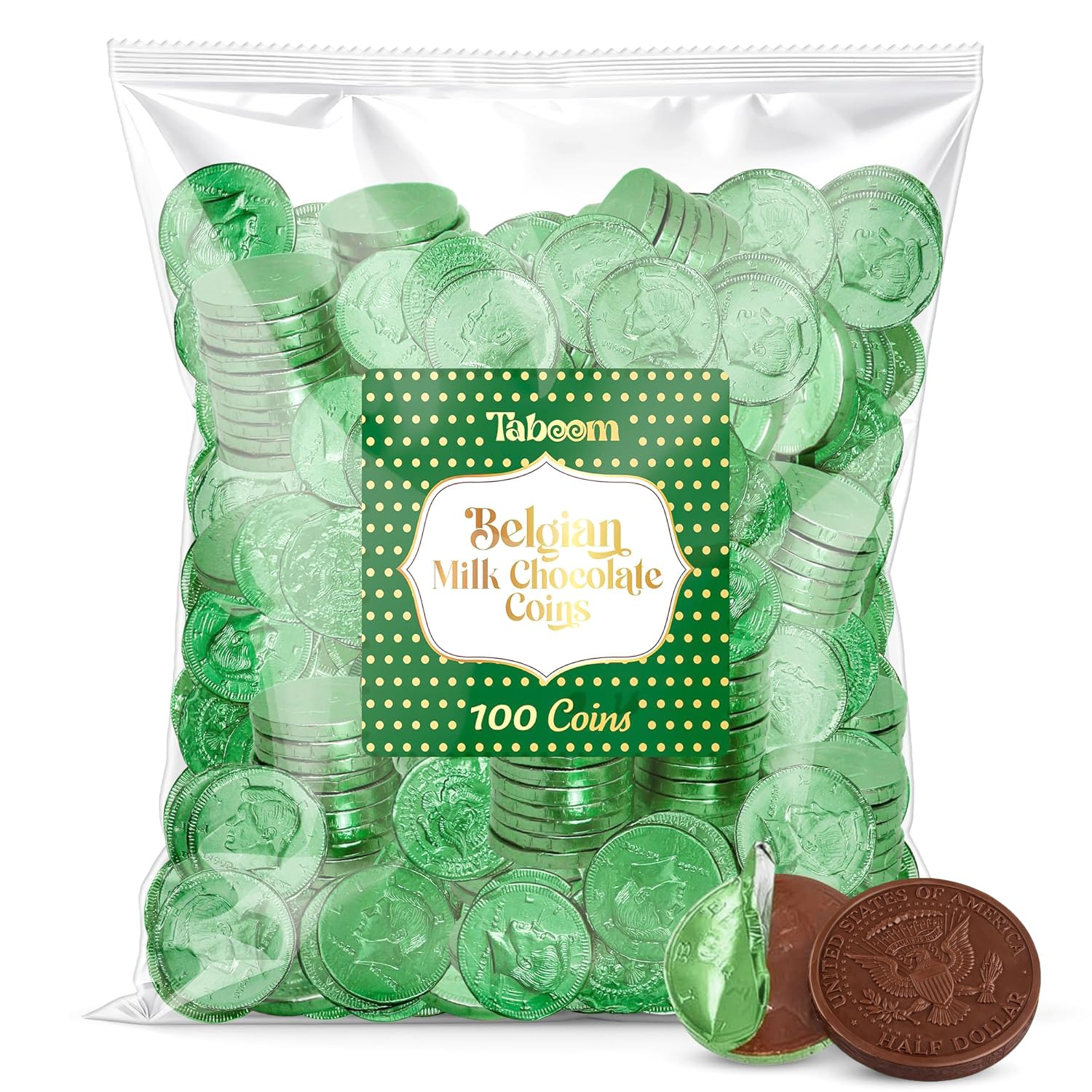 Taboom Belgian chocolate coins in green foil for St Patrick's Day party favors.