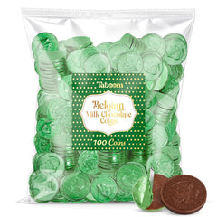 Taboom Belgian chocolate coins in green foil for St Patrick's Day party favors.