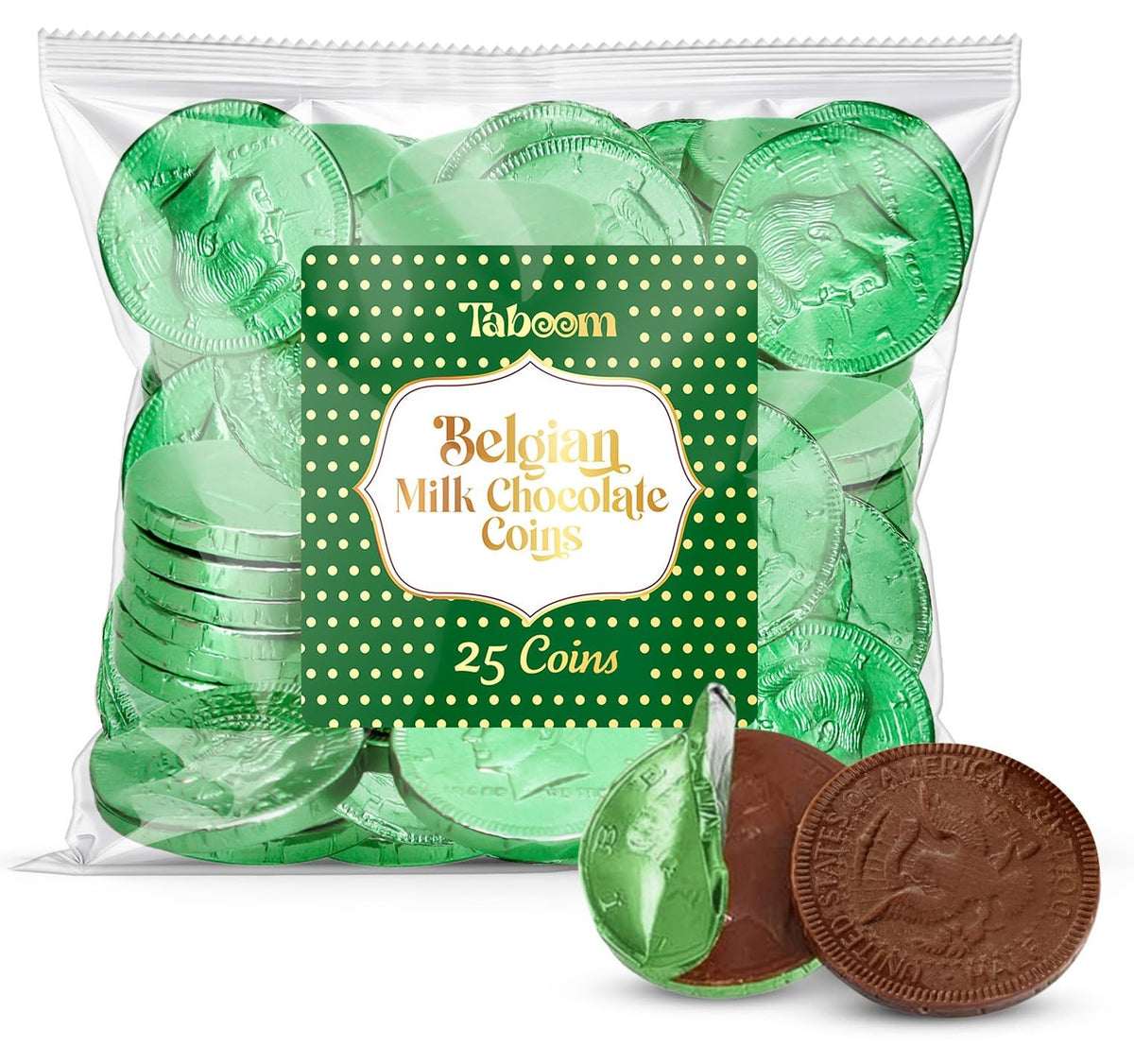 Taboom Belgian Green Chocolate Coins wrapped in festive foil for St Patrick's Day gifts.