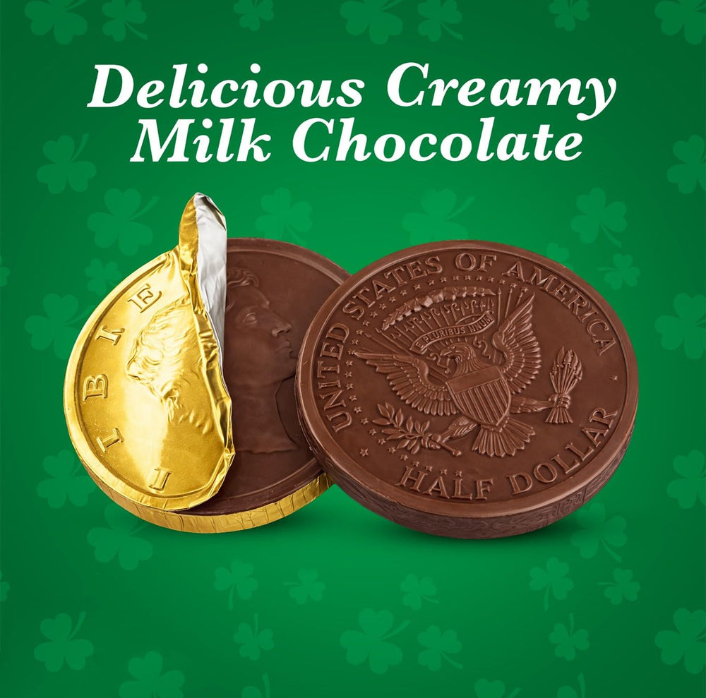Taboom Belgian milk chocolate coins in bright foil for St. Patrick's Day favors.